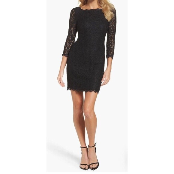 Diane Von Furstenberg DVF Black *Zarita* Lace 3/4‎ Sleeve Cocktail Dress Sz 8 - Picture 1 of 8